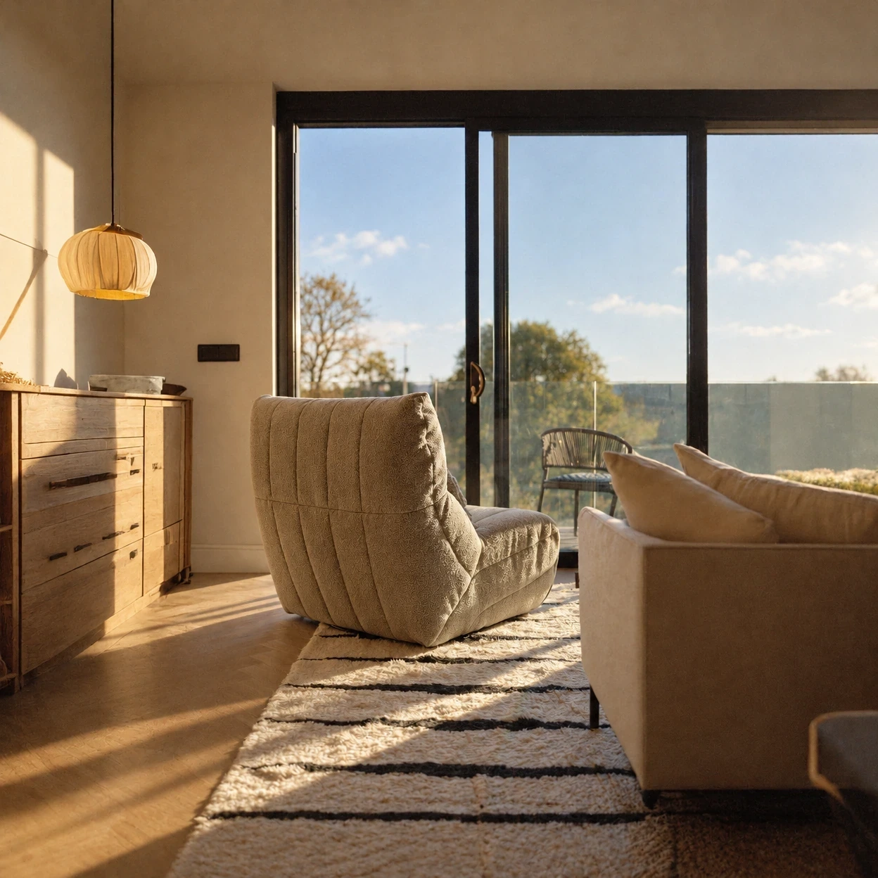 Warm sunlit living room with a sculptural armchair, timber cabinet and tall garden glazing