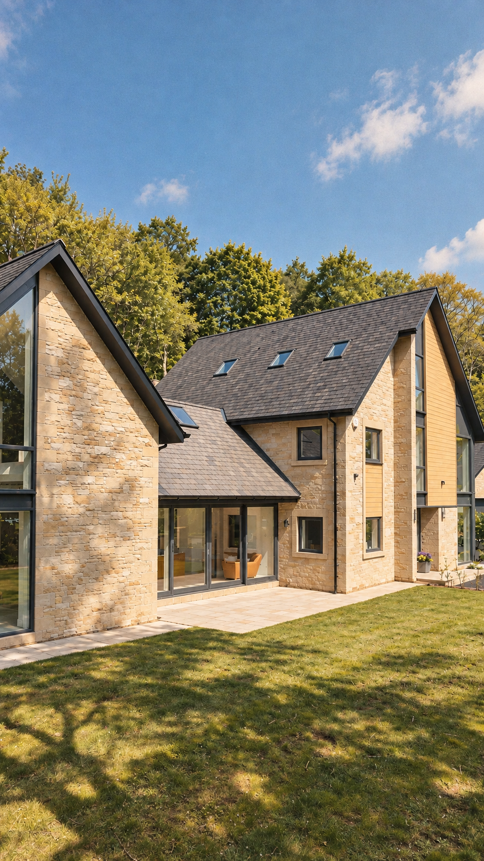 The Glades stone and timber exterior surrounded by trees and a sunlit lawn